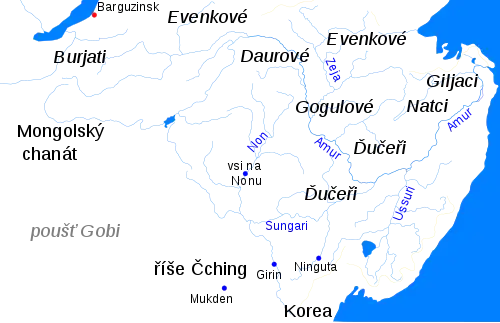 Mapa Zabajkalska a Poamuří s uvedenými jmény kmenů a státních celků necházejících se v regionu. A sice Burjati a Evenkové v Zabajkalí, Dauři, Gogulové, Ďučeři, Natci a Giljaci od horního k dolnímu toku Amuru a Evenkové severně od Amuru. Ze států jsou uvedeny říše Čching (v jižním Mandžusku), Mongolský chanát (východní Mongolsko) a Korea (její severovýchodní cíp).