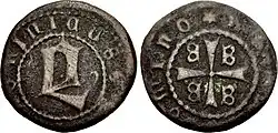 bronzový dinár Domenica Gattilusia, pána Lesbu v letech 1455–1458