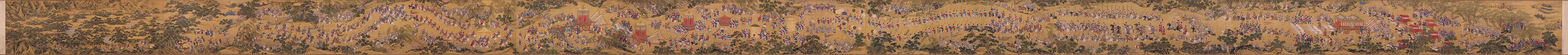 Odjezd poselství – panoramatické zobrazení odjezdu císaře Süan-te s doprovodem k císařským hrobkám dynastie Ming stojícím nedaleko Pekingu, barvy na hedvábí, neznámý autor éry Ťia-ťing (1522–1566)