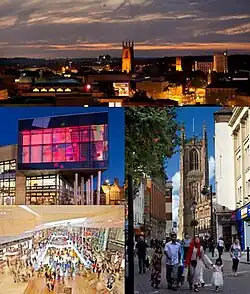 Odshora po směru hodinových ručiček: Panorama města, budova katedrály, nákupní centrum Westfield, kulturní centrum Derby Quad
