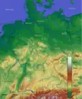 Hypsometrické znázornění reliéfu Německa pomocí barevné hypsometrie