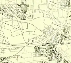 Faksimile městského regulačního plánu z roku 1938, které v detailu zobrazuje vedení nového městského bulváru s tramvajovým provozem v oblasti dnešního parku Dlouhá cesta a ulice Zelený Pruh.