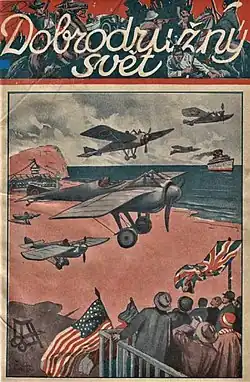Obálka prvního čísla prvního ročníku edice z roku 1927 s románem Arnoulda Galopina Aeroplánem kolem světa.
