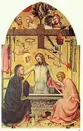 Pieta. (1404) Desková malba italského malíře Lorenza Monaca zobrazuje Arma Christi