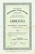 Akcie 100 Franků společnosti AG Drahtseilbahn "Muottas-Muraigl" z 13. 3. 1919