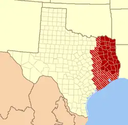 Poloha v státě USA Texas , červené pole jsou jádro východního Texasu, růžové jsou ve většině zdrojů považovány také za východní Texas