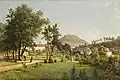 Pohled na Doubravskou horu ze zámeckého parku v Teplicích, obraz Ernsta Gustava Doerella z roku 1874