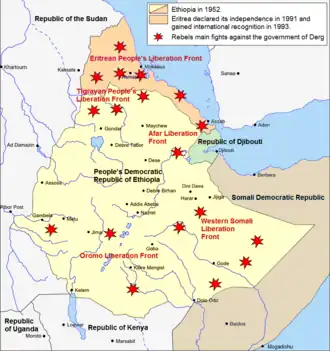 Mapa vojenské situace během občanské války v Etiopii