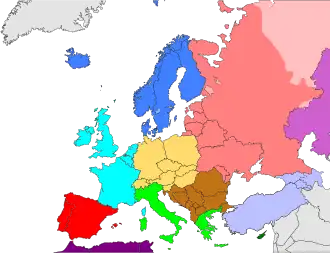 Subregiony Evropy podle The World Factbook:      Střední Evropa      Východní Evropa      Severní Evropa      Jihovýchodní Evropa      Jižní Evropa      Jihozápadní Evropa      Západní Evropa