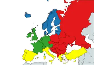 Regiony Evropy podle EuroVocu:      Střední a východní Evropa      Severní Evropa      Jižní Evropa      Západní Evropa