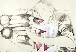 Já v akci, 1991, uhel, tempera na papíře, 88x61cm