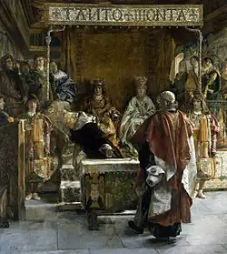 Torquemada vyžaduje vyhnání Židů ze Španělska, obraz Emilia Saly