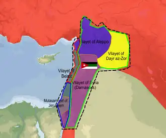 Mapa arabského království Sýrie, vyhlášeného 8. března 1920