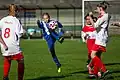 Zápas juniorek (U-15) na turnaji v Orlové mezi týmy FK Slavia Orlová (červeno-bílá) a MFK Frýdek-Místek (modrý) (2020)