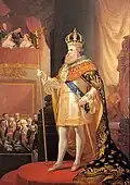 Císař Pedro II. v korunovačních klenotech v brazilském parlamentu v roce 1873