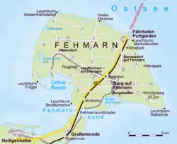 Mapa ostrova Fehmarn spojeného s pevninou