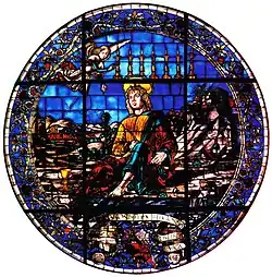 vitráž Sv. Jan z Pathmosu, vchod do kostela San Giovanni in Monte v Bologni