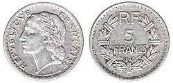 pětifranková mince z roku 1945