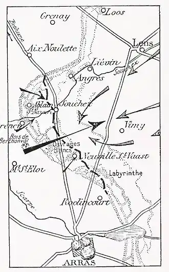 Mapka bitvy u Arrasu zachycující hlavní směr útoku z 9. května 1915