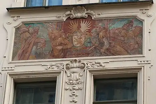 Freska zobrazující poslední souboj Hynka z Kolštejna na domě U Zlatého slona z roku 1905