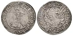 Kurfiřt Fridrich II. Míšeňský, tzv. groš s hlavou žida, Mincovna ve Freibergu, 1444 až asi 1451