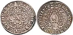 Markrabě Fridrich I. Saský, Mincovna ve Freibergu, helmový groš 1405–1411