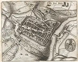 Historická mapa města Zhořelce (1650) s centrálním náměstím, radnicí a kostelem sv. Petra a Pavla