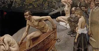 Malba zobrazující scénu u říčního břehu. V popředí je nahý muž nastupující do člunu. V pozadí jsou další částečně nebo zcela obnažené postavy, jak muži, tak ženy. Barevná paleta obrazu je převážně v tlumených, zemitých tónech - hnědé, béžové a šedé. Malba je realistická s jemně zachycenými detaily lidských těl.