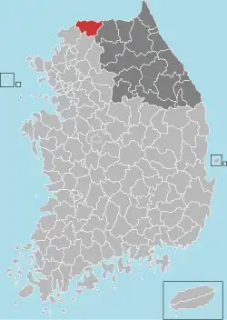 Okres Čchorwon na mapě Jižní Koreji (zvýrazněna rovněž celá provincie Kangwon