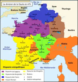 Geopolitická situace Galie v roce 475, před začleněním Auvergne do království Vizigótů. Auvergne a Provence bylo posledním římským územím v Galii.