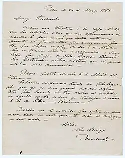 Korespondence Georgese Penaberta, v roce 1865. Zdroj: Univerzitní archiv (Spojené státy americké). Korespondence psaná španělsky 30. března 1865 Georgesem Penabertem Charlesi Fredricksovi. Zmiňuje fotografický experiment. Georges Penabert také píše o cestě, kterou podnikl jejich společník Augusto Daries, a o jeho odjezdu z Le Havru 5. dubna (1865).