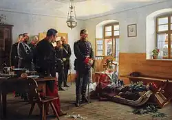 Korunní princ Fridrich Vilém rozjímá nad mrtvolou francouzského generála Abela Douaye, 1888