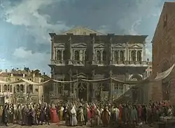 Benátská Scuola Grande di San Rocco v den svátku sv. Rocha (autorem obrazu Giovanni Antonio Canal, zv. Canaletto; asi 1735, National Gallery, Londýn)