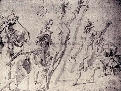 Perokresba muže stahovaného z kůže. Stahovaná postava (Marsyas) visí za nohy hlavou dolů v centru obrazu, zleva ji stahovač s nožem v ruce, další postava (Apollo) Marsyovi přetáhl kůži trupu přes hlavu a nyní ji stahuje z rukou. Na kraji v levo stojí hráč na lyru, v pravé části obrazu je stojící satyr s vědrem a sedící Midas s hlavou v rukách v gestu žalu.
