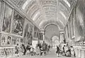 Interiér velké galerie Louvre navštěvované turisty a malíři. Rytina Thomas Allom, 1844.