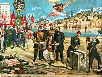 Řecká litografie oslavující mladotureckou revoluci a obnovení ústavy v roce 1908.