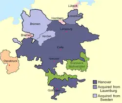 Hannoversko s územními zisky (modře, béžově[p. 1]) a Brunšvicko-Wolfenbüttelsko (zeleně) okolo roku 1720