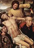 Hans Memling – Diptych z Granady, levé křídlo: Přijetí kříže, 1475