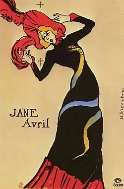 Henri de Toulouse-Lautrec, Jane Avrilová (plakát, 1899), litografie podle předchozí fotografie Paula Sescaua.