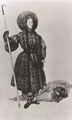 Henriette d'Angeville s horolezeckou výstrojí. Akvarel J. Héberta z roku 1838