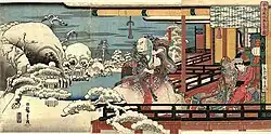 Kijomori Taira (平清盛) sleduje nadpřirozené jevy. Triptych Óban.