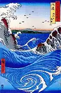 Dřevořez ukijo-e japonského malíře a grafika Hirošigeho zobrazující mořské víry Naruto