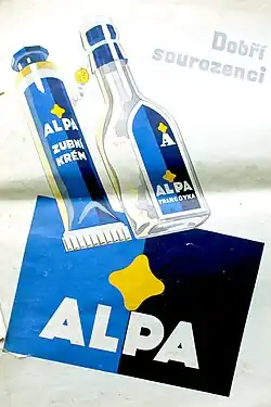 Reklama na výrobky fy. Alpa v předválečném lifestylovém magazínu. Kromě známé francovky je také tuba se "zubním krémem". Tuba s krémem i lahvička s francovkou jsou položeny na logu společnosti a uvedeny textem "Dobří sourozenci".