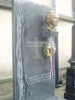 Symbolický hrob M. Horákové na vyšehradském hřbitově („…popravena a nepohřbena“)