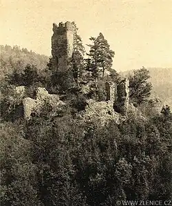 Zřícenina hradu Zlenic kolem roku 1880