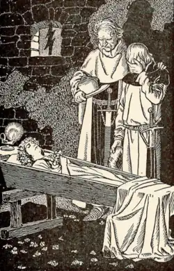 Ilustrace Josefa Weniga zachycující Hynka Suchého Čerta z Kunštátu z románu Suchý čert a divoký sokol J. F. Karase (1926)