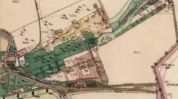 Montáž indikační skici Břevnova (1840) a reambulované skicy Střešovic, která je datována do roku 1879. Vzhledem k tomu, že hřebčinec s čp. 117 a 113 byl uveden do provozu již roku 1874 a že oba objekty (zde s čp. 96 a 123) jsou na této IS uvedeny šrafovaně, vznikla druhá skica pravděpodobně před rokem 1874