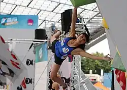 Futaba Itó na SP 2018 v boulderingu v Mnichově