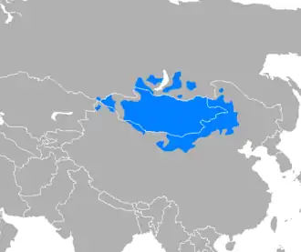 Mapa rozšíření Mongolštiny po území Asie
