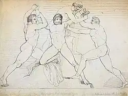 Ilustrace poutání Prométhea od Johna Flaxmana, poprvé publikovaná v překladu Aischylovy tragédie od Richarda Porsona z roku 1795. Kratos a Bia stojí po obou stranách a drží ho, zatímco jej Héfaistos připoutává ke skále.[17]